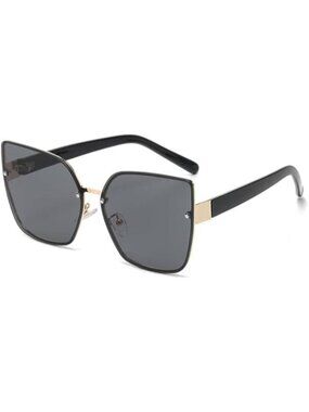 Oversized Black Sunglasses Rimless Metal Frame with Gold Accents UV Protection
